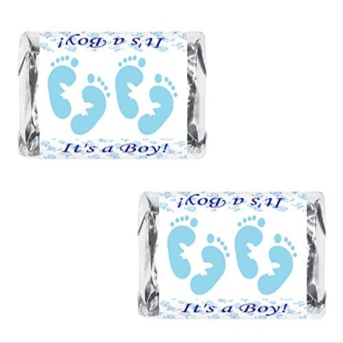 60 Blue Footprints Baby Shower Miniatures Candy Bar Wrapper, Its a Boy Baby Shower Miniatures Candy Bar Stickers Decorations, Candy Not Included. Made in USA