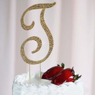 Tableclothsfactory 4.5" Tall Gold Shinny Rhinestone Letters Cake Toppers for Wedding Birthday Party Special Event Personalized Decor - T