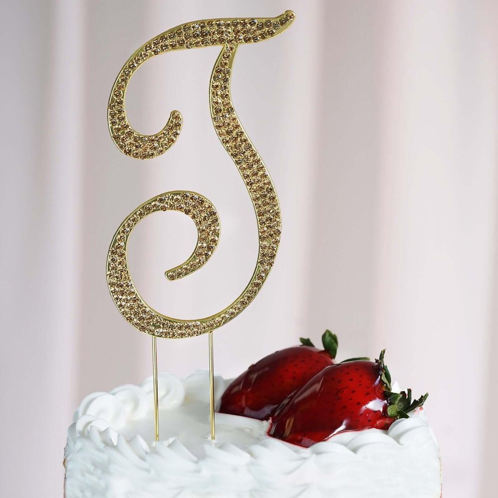 Tableclothsfactory 4.5" Tall Gold Shinny Rhinestone Letters Cake Toppers for Wedding Birthday Party Special Event Personalized Decor - T
