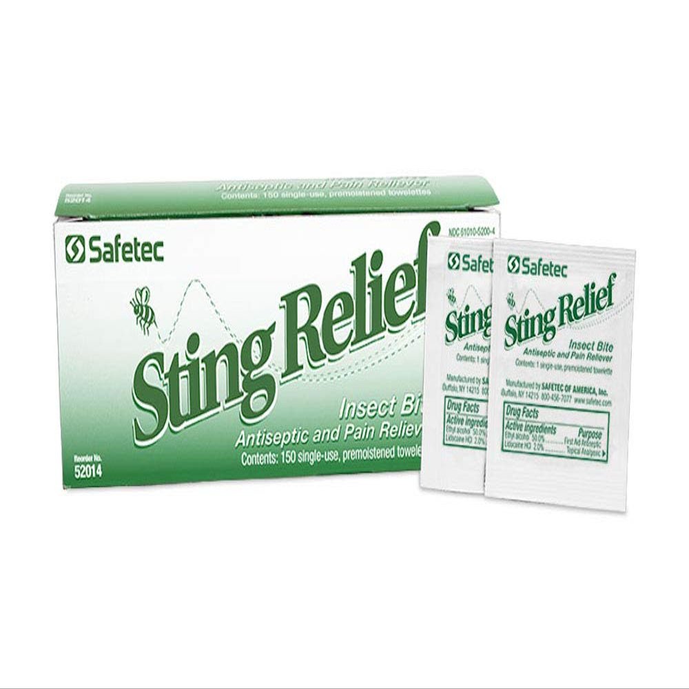 Safetec Sting Relief Insect Bite Antiseptic & Pain Reliever, Wipes, 150 per Box