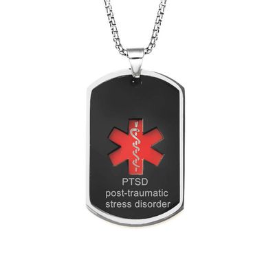 LiFashion LF Mens Stainless Steel PTSD Medical Alert necklaces Black Medical Emergency Dog Tag Pendant Heart Alert Jewelry Monitoring Systems,Post-traumatic Stress Disorder