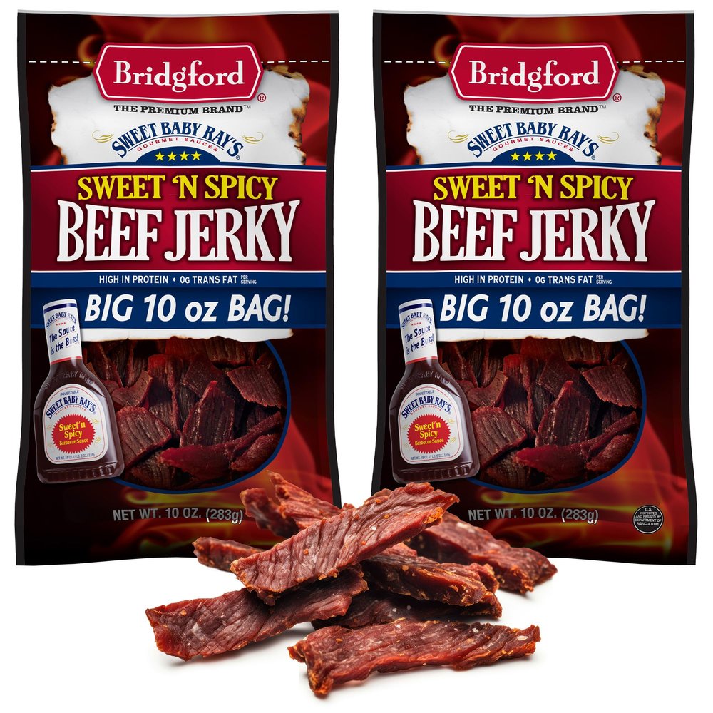 Bridgford Sweet Baby Ray's Beef Jerky Sweet N Spicy 10 oz Pack of 2 - High Protein Sweetened Spicy Beef Jerky for Your Dietary Preference - Ready-to-Eat Snacks for On-The-Go Snacking