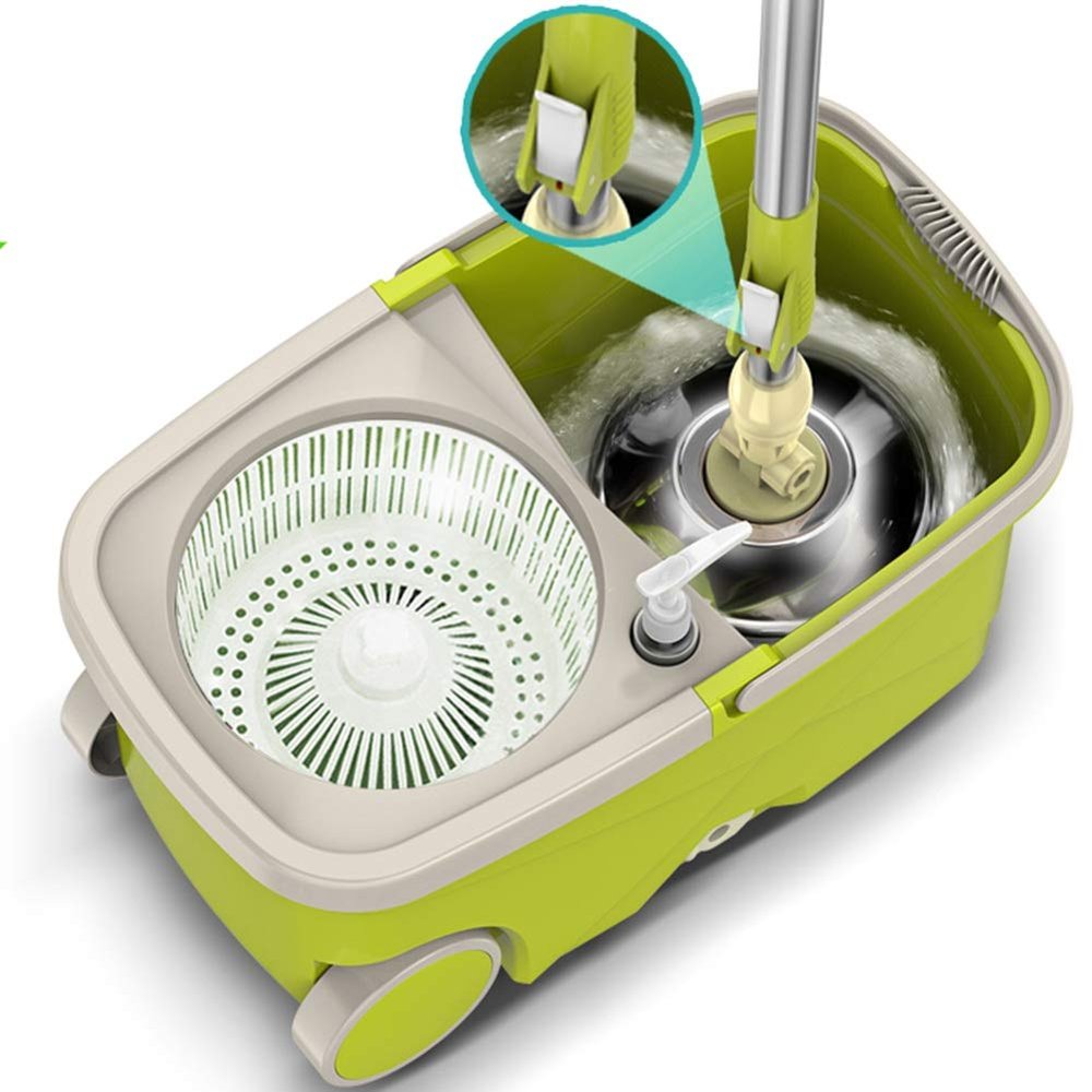Rotating mop Household Double Drive Hand Pressure Automatic Dehydration Mop Bucket, 6 mop Heads Plastic Basket(Color:Green)