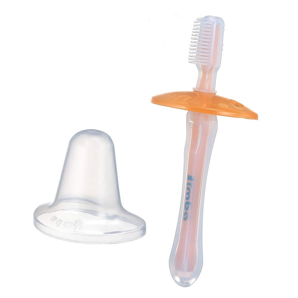 Simba Soft Bristle Silicone Baby Toothbrush with Milk Residue/Fur Scrubber (Orange)
