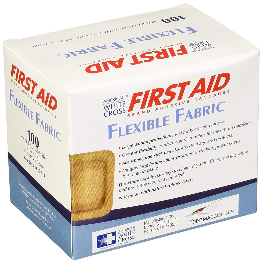 American White Cross Soft Flexible Fabric Bandages, 1-1/2" x 2" Patch, Box of 100