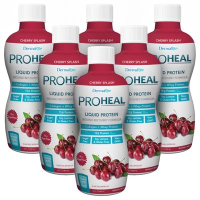 DermaRite's ProHeal Protein Supplement - Liquid Protein Wound Recovery Formula, 15g of Collagen & Whey Protein - Cherry Splash Flavor, 30 oz., 6 Count