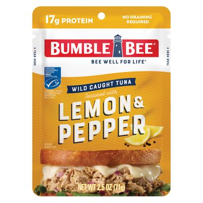 Bumble Bee Lemon & Pepper Seasoned Tuna Pouch - Wild Caught and Ready to Eat for Snack, Salad, Korean Tuna Bowl - 17g Protein per Serving - PERFECT, PORTABLE, GOODNESS - 2.5 oz Packet (Pack of 1)