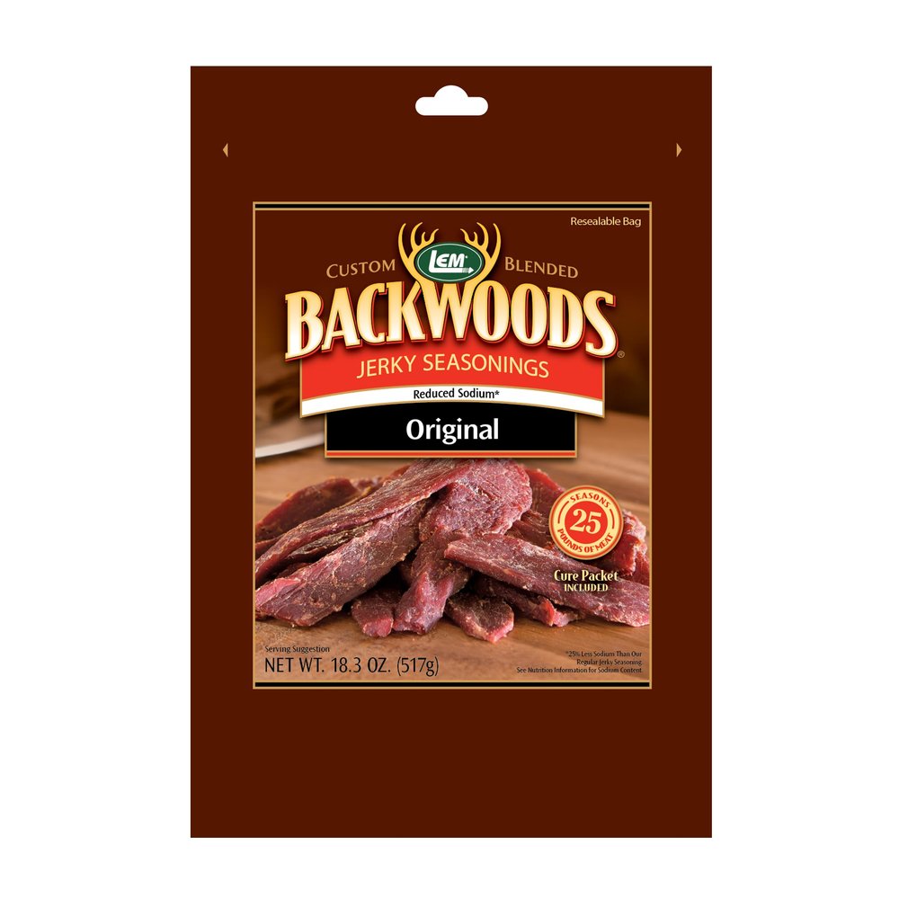 LEM Products Backwoods Reduced Sodium Original Jerky Seasoning, Ideal for Wild Game and Domestic Meat, Seasons Up to 25 Pounds of Meat, 18.3 Ounce Packet with Pre-Measured Cure Packet Included