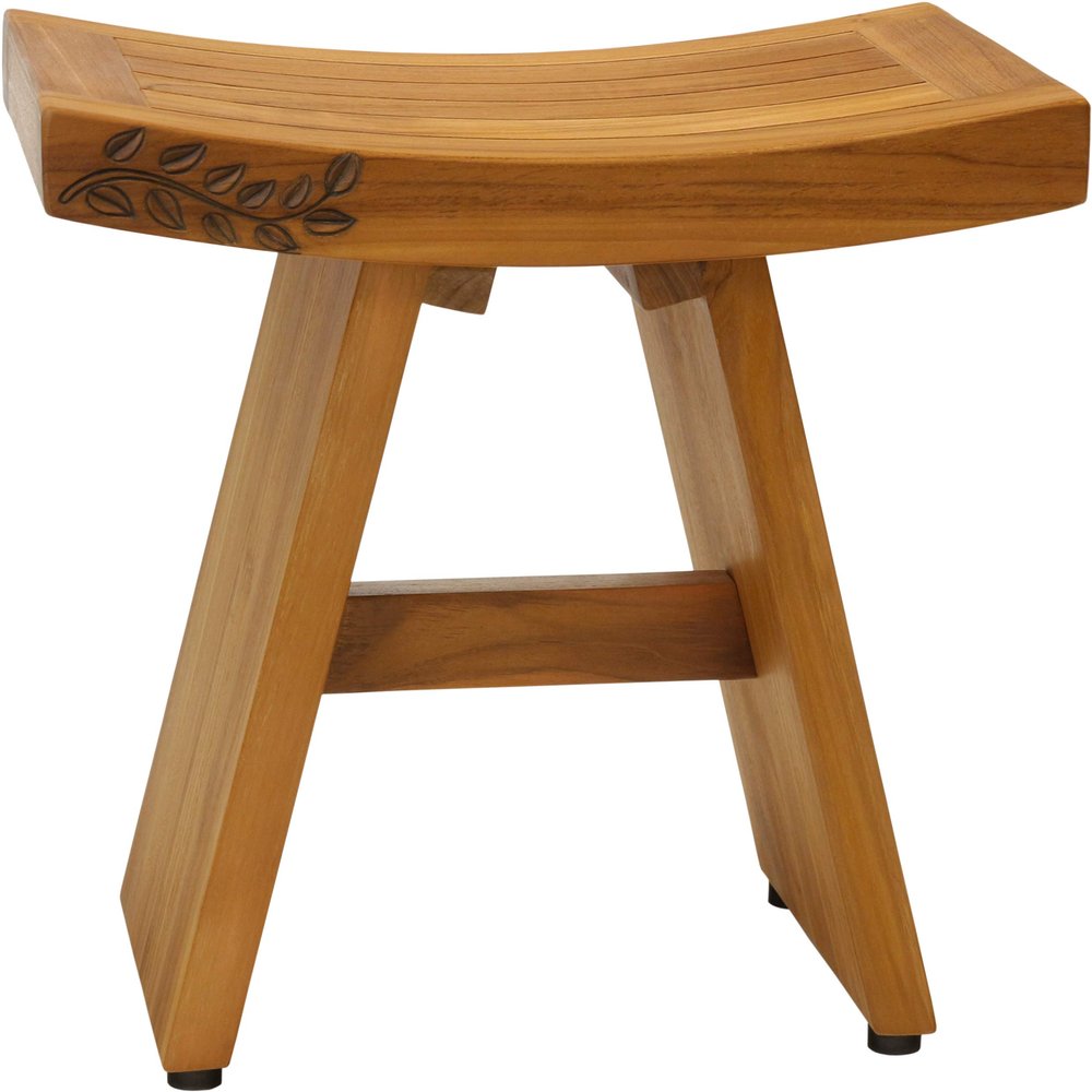 18" Asia Teak Shower Bench with Carved Leaves on Seat Front