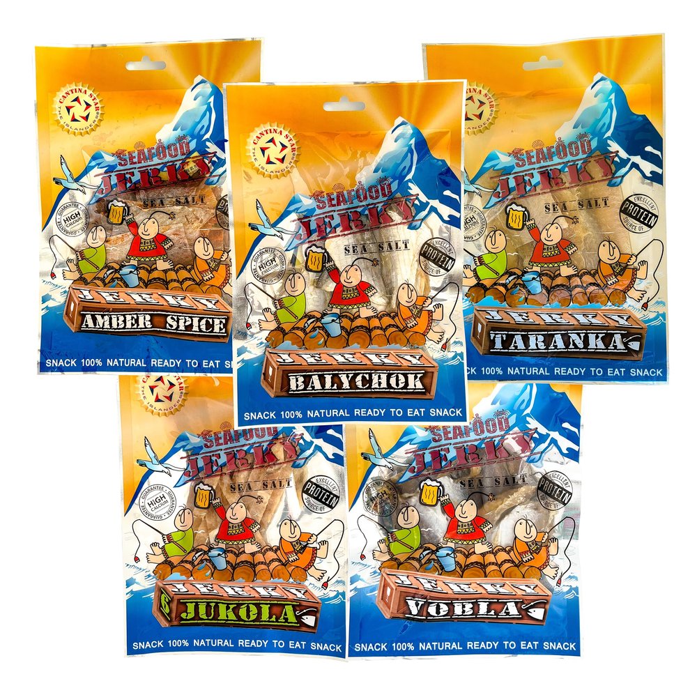 CANTINA STAR Beer Party Set | Fish Jerky (Dried Fish) | Vobla, Balychok, Taranka, Jukola Cod, Amber Spice | 3.17oz - 5 Count