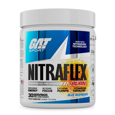 GAT SPORT NITRAFLEX Burn, Pre-Workout, Blue Raspberry, 30 Servings