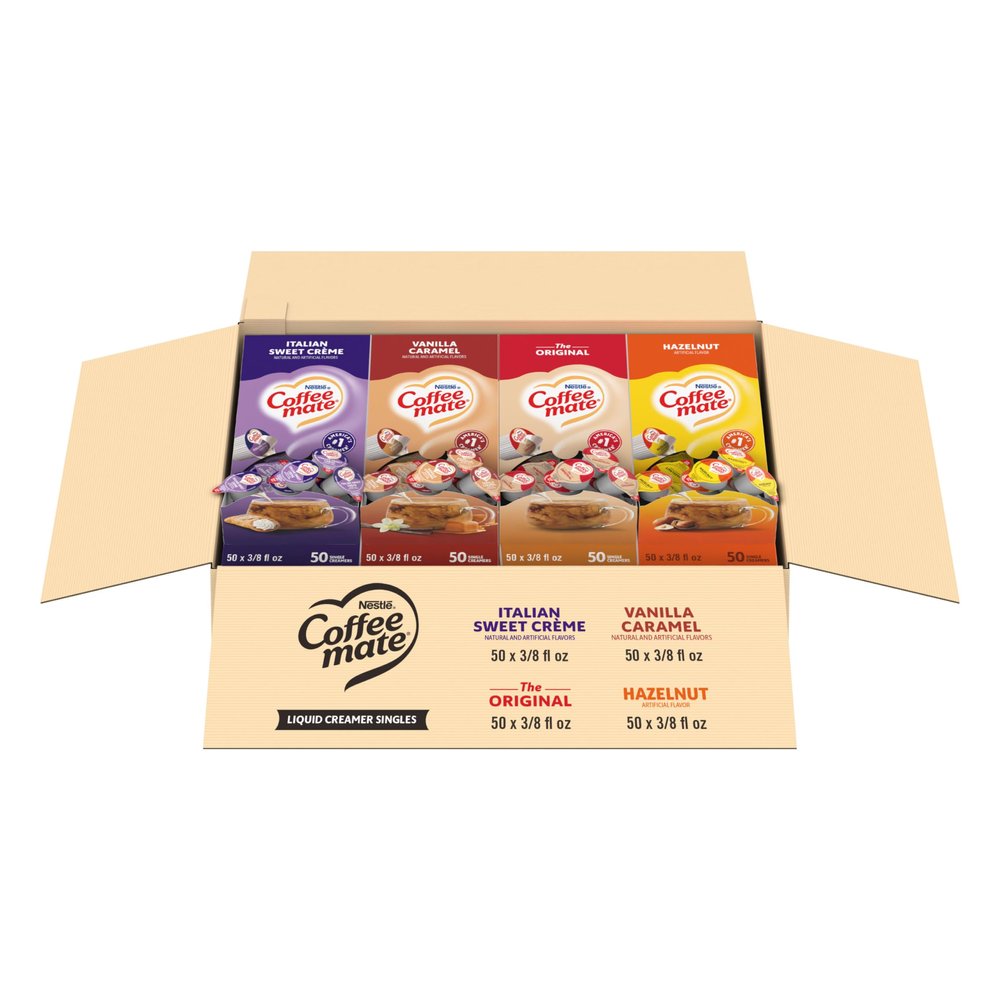 Nestle Coffee mate Creamer Singles Variety Pack, Original, Hazelnut, Italian Sweet Creme, Vanilla Caramel Non Dairy, No Refrigeration, 0.375 fl oz Tubs, 200 Count (Pack of 50 Per Flavor)