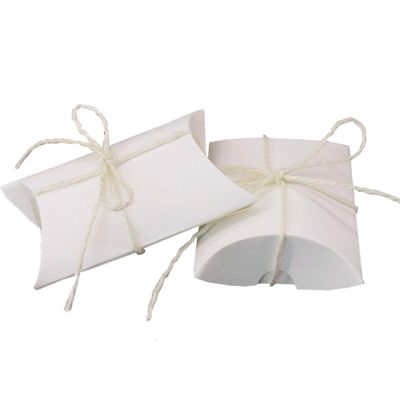 White Kraft Paper Pillow Candy Boxes Chocolate Gift Treat Box with Jute Twines for Wedding Baby Shower Birthday Party Favor Supplies (100 Pcs)