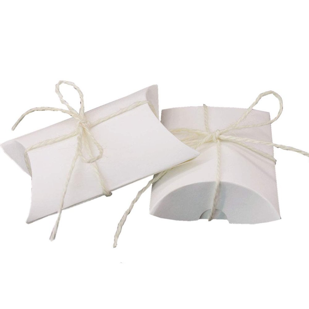 White Kraft Paper Pillow Candy Boxes Chocolate Gift Treat Box with Jute Twines for Wedding Baby Shower Birthday Party Favor Supplies (100 Pcs)