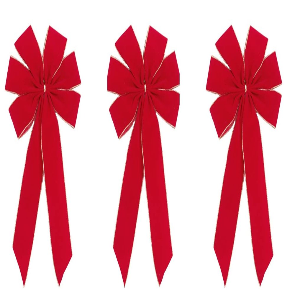 Red Velvet Outdoor Christmas Bows by Independence Bunting. 3-Pack! 6 Loop - 9" Bow & 12" Tail. Gold Metallic Wired Purl Edge Available!