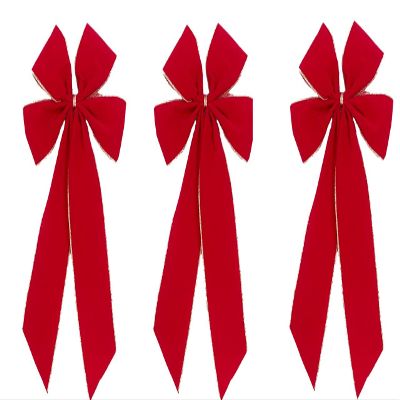 Red Velvet Outdoor Christmas Bows by Independence Bunting. Set of 3! 4 Loop - 7" Bow & 11" Tail. Gold Metallic Wired Purl Edge Available!
