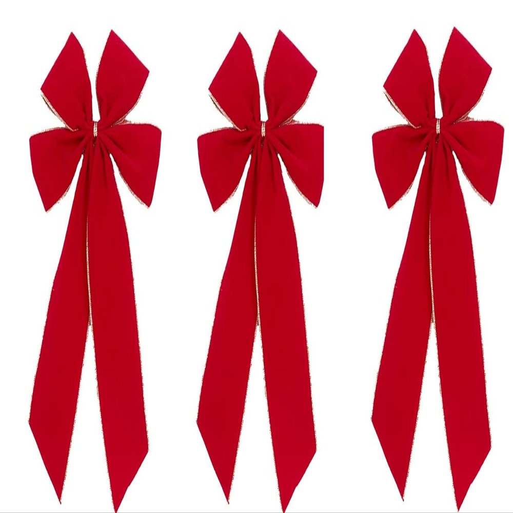 Red Velvet Outdoor Christmas Bows by Independence Bunting. Set of 3! 4 Loop - 7" Bow & 11" Tail. Gold Metallic Wired Purl Edge Available!