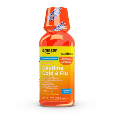 Amazon Basic Care Daytime Cold and Flu Relief, Non-Drowsy, Liquid Medicine, Original Flavor, 12 fl oz (Pack of 1)