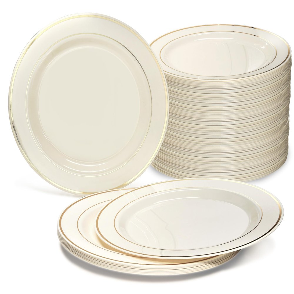 " OCCASIONS " 240 Plates Pack, Heavyweight Wedding Party Disposable Plastic Plates (10.5'' Dinner Plates, Ivory & Gold Rim)