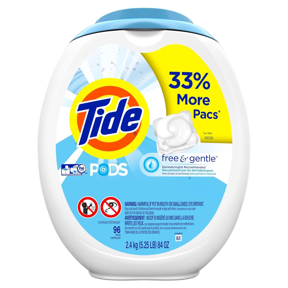 Tide PODS Free and Gentle, Laundry Detergent Soap PODS, HE, 96 Count - Unscented and Hypoallergenic for Sensitive Skin, Free and Clear of Dyes and Perfumes