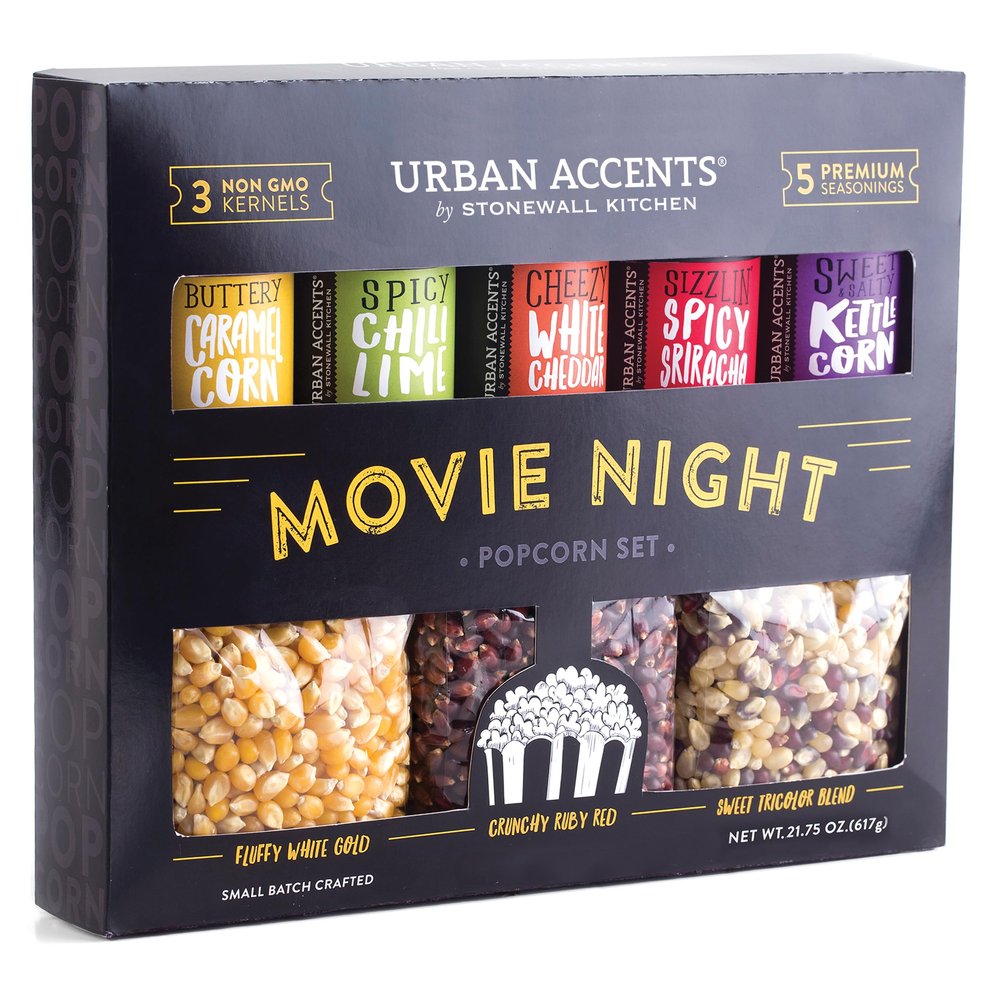Urban Accents Movie Night Popcorn Gift Set  Includes 3 Gourmet Popcorn Kernel Varieties & 5 Flavorful Seasonings  Perfect Snack Gift Box for Parties, Holidays, or Movie Lovers