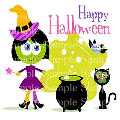 1/4 Sheet - Happy Halloween Witch, Cauldron, Black Cat - D24187-2D Edible Cake/Cupcake Party Topper - D24187