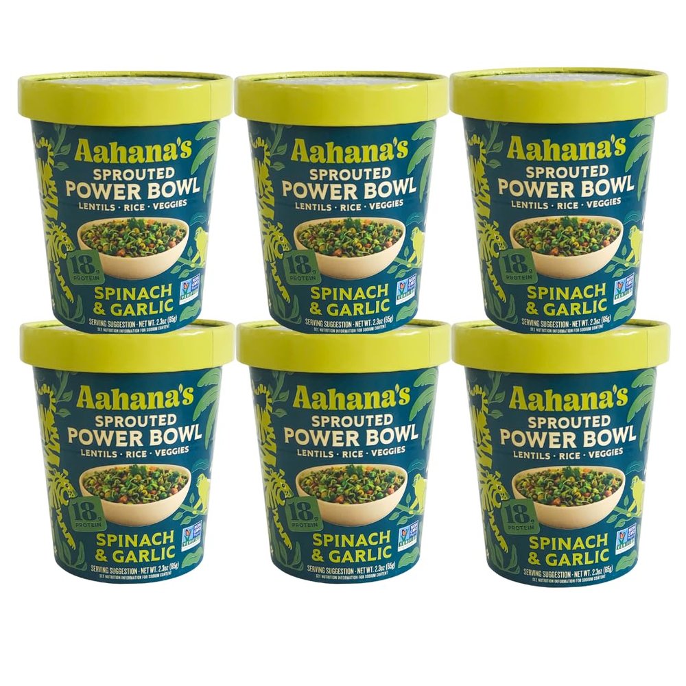 Aahanas Spinach & Garlic Sprouted Power Bowl - Gluten-Free Plant-Based Instant Meal with Sprouted Lentils and Grains - 18g Protein, 12g Fiber, Vegan, Non-GMO, Kosher - Ready in 5 Minutes (6 Pack)