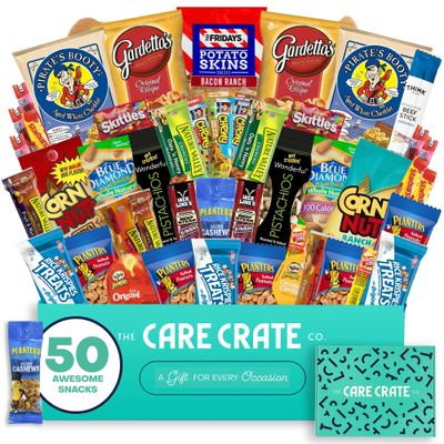 Men's Hearty Snack Box - Ultimate Man Care Package ( 50 piece Snack Pack ) Jerky, Nuts, Chips and Pretzels Variety Pack - The Care Crate Co.