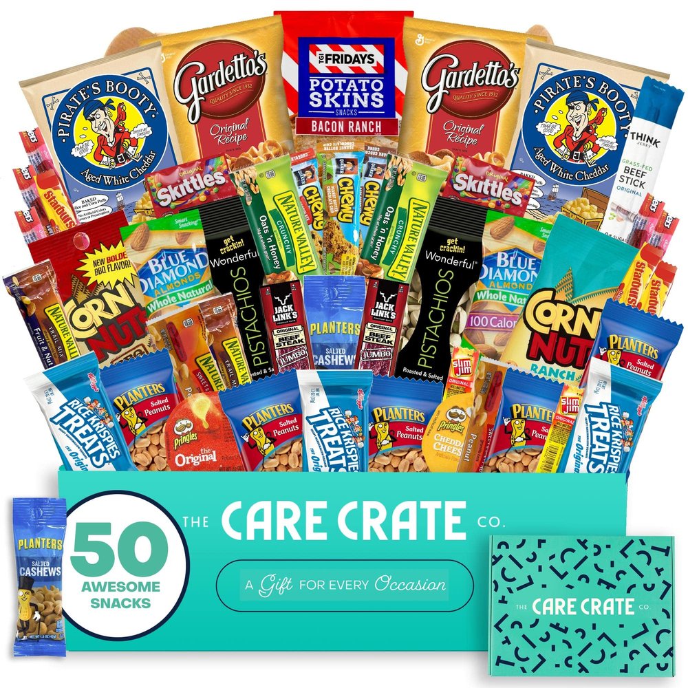 Men's Hearty Snack Box - Ultimate Man Care Package ( 50 piece Snack Pack ) Jerky, Nuts, Chips and Pretzels Variety Pack - The Care Crate Co.
