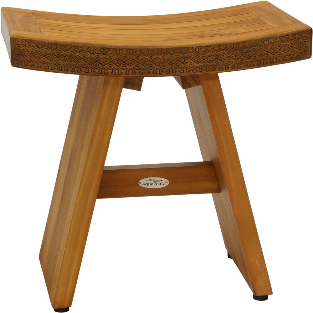 18" Asia Teak Shower Bench with Carved Pattern on Seat Front