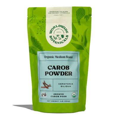 Worldwide Botanicals Organic Carob Powder, Medium Roast 1 lb Caffeine Free Cocoa Alternative Low Fat Super Food with Natural Sweetness Gluten Free, Kosher, 16 ounces