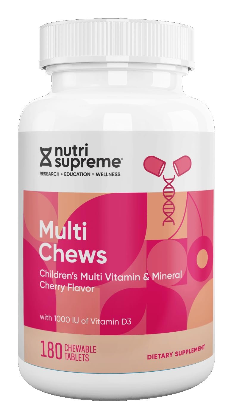 Delicious Kids Multivitamin, 180 Vegetarian Chews  Complete Childrens Supplement with Essential Vitamins and Minerals - Vitamin A, B, C, D3, Calcium, Iron, Folic Acid, Zinc  Cherry Flavor
