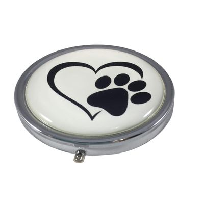 Heart with Paw Print Silver Pill Box  Round 3-Compartment Metal Pill Organizer, Compact 2-Inch Travel Pill Case for Purse or Pocket