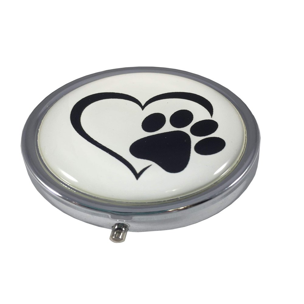 Heart with Paw Print Silver Pill Box  Round 3-Compartment Metal Pill Organizer, Compact 2-Inch Travel Pill Case for Purse or Pocket