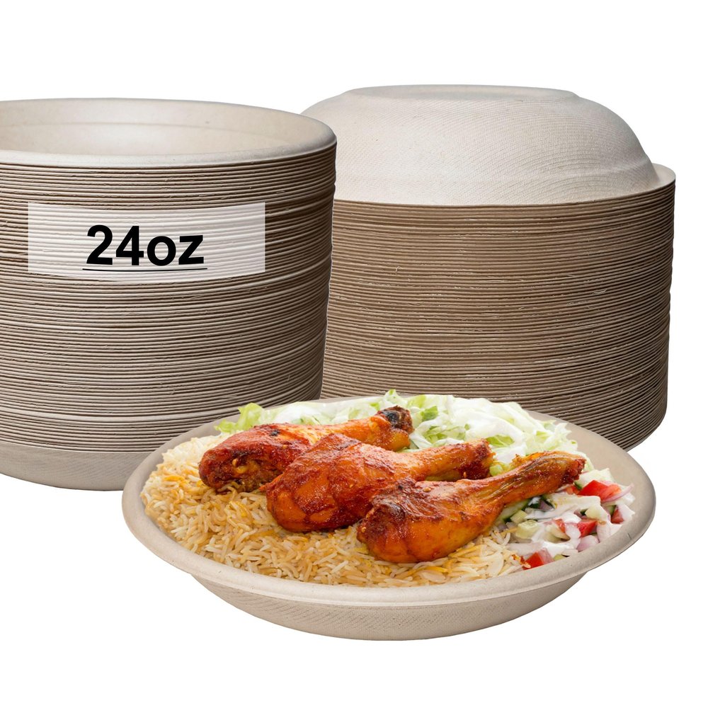 EcoQuality 100 Count 24oz Round Disposable Bowls Natural Sugarcane Bagasse Bamboo Fibers Sturdy Compostable Eco Friendly Environmental Paper Plastic Bowl Alternative Tree Free