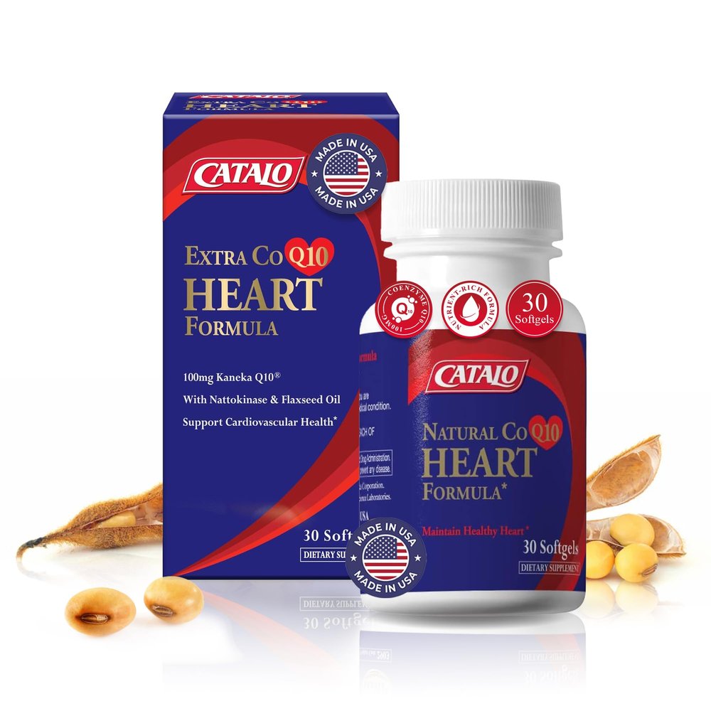CATALO Extra CoQ10 Formula - 100mg Coenzyme Q10, Flaxseed Oil, Fermented Soybean Extract, 60 Softgels, Gluten-Free