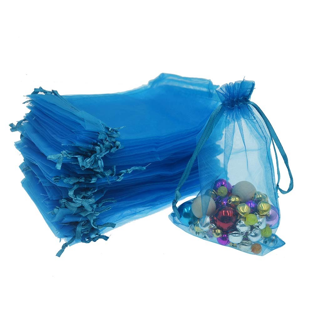 100pcs Organza Bags - 8x12 Inch Lake Blue Mesh Drawstring Gift Bags for Christmas