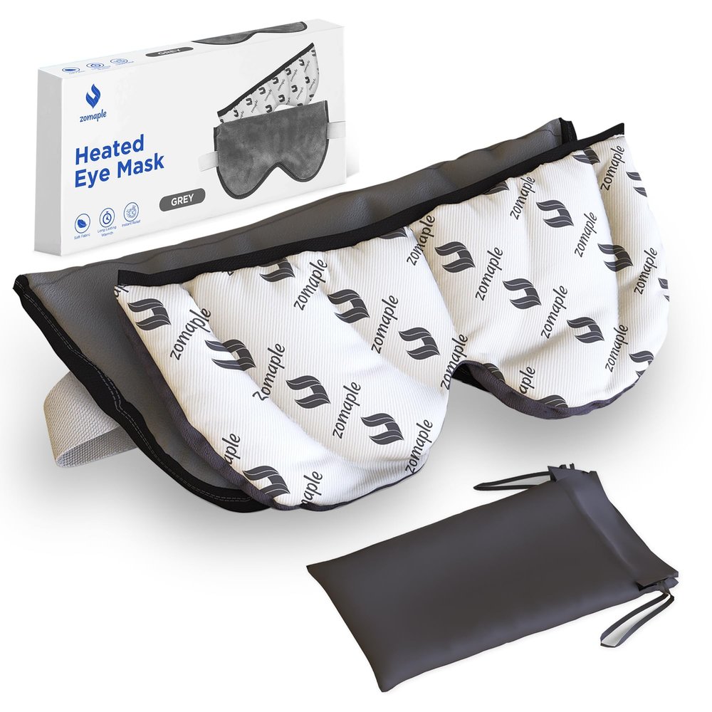 ZOMAPLE Heated Eye Mask, Grey Soothing Moist Heat for Dry, Tired Eyes Quick Microwave Prep, Adjustable Strap, Travel Pouch & Plush Washable Cover Reusable, Cord-Free Warm Compress for Eyes