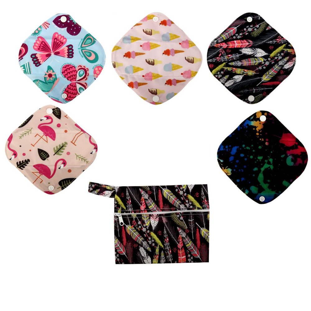 5 XS Panty Liners 1 Wet Bag Cloth Menstrual Pads Reusable Washable (Feather, XS Panty Liners)
