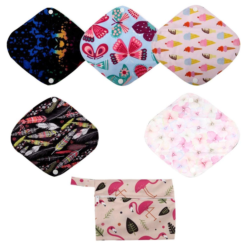 5 Small Panty Liners 1 Wet Bag Cloth Menstrual Pads Reusable Washable (Flamingo, S Panty Liners)