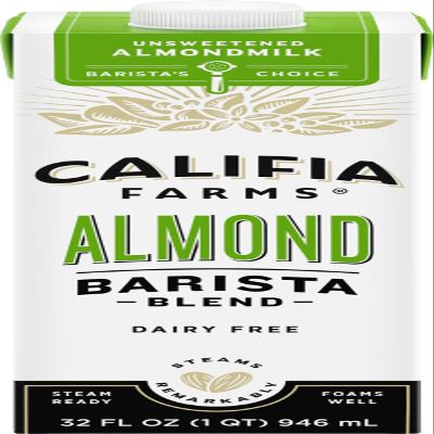 Califia Farms - Unsweetened Almond Barista Blend Almond Milk, 32 Oz, Shelf Stable, Dairy Free, Plant Based, Vegan, Gluten Free, Non GMO, Sugar Free, Milk Frother, Creamer