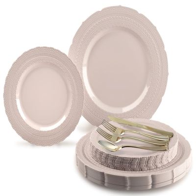 " OCCASIONS " 150pcs set (25 Guests)-Extra Heavyweight Vintage Wedding Disposable/Reusable Plastic Plates (25 x 11'' + 25 x 8.25'') + Silverware (Chateau Collection in Blush Pink)