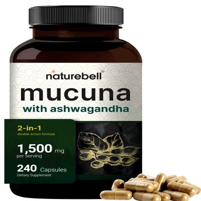 Mucuna Pruriens Capsules, Triple Strength 1500mg Per Serving, 2 in 1 Formula, Made with Mucuna and Ashwagandha, 240 Capsules, Potent Seed Extract, Positive Mood, Relaxation & Restoration Support