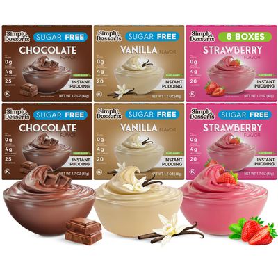 Simply Desserts Vanilla, Strawberry & Chocolate Instant Pudding, Sugar-Free, Variety 6-Pack Healthy Dessert, Keto Snacks, Vegan & Diabetic-Friendly, Kosher, 1.7 Oz Ea