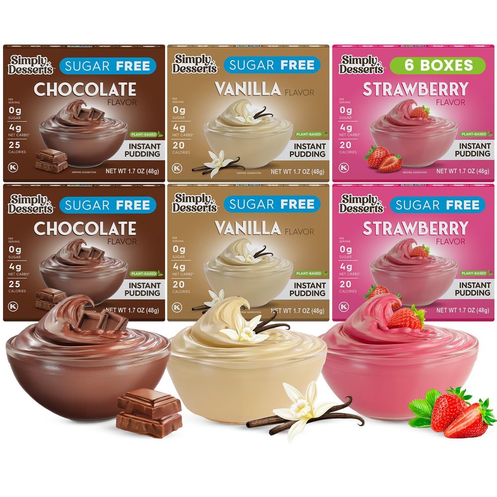 Simply Desserts Vanilla, Strawberry & Chocolate Instant Pudding, Sugar-Free, Variety 6-Pack Healthy Dessert, Keto Snacks, Vegan & Diabetic-Friendly, Kosher, 1.7 Oz Ea