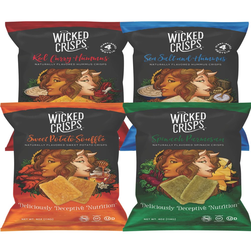 Baked Veggie Chips, Wicked Crisps, Variety Pack, Healthy Snack, Gluten-free, Low-fat, Non-GMO, Kosher, Crunchy Gourmet Savory Crisps, No Additives or Preservatives, 4oz bag, (4 pack)