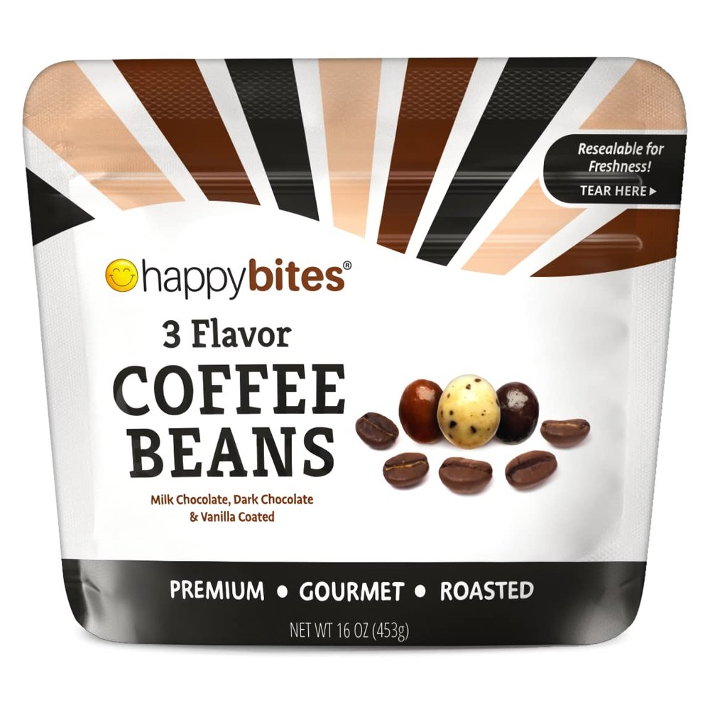 Happy Bites 3 Flavor Covered Coffee Beans  Milk Chocolate, Dark Chocolate, & Vanilla (16 oz / 1 Bag)  Resealable