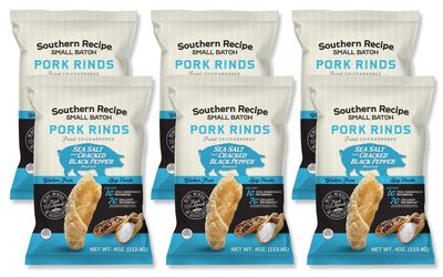 Southern Recipe Small Batch Pork Rinds | Sea Salt & Cracked Black Pepper Chicharrones | Keto Friendly, Gluten Free, Low Carb Food | 7g Collagen Per Serving | High Protein | 4 Oz Bag (Pack of 6)