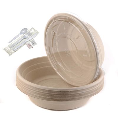 100 Count - 29oz Round Disposable Bowls with Lids and Cutlery - Natural Sugarcane Bagasse Bamboo Fibers Sturdy Compostable Eco Friendly Environmental Paper Plastic Bowl Alternative - Fork,Spoon,Knife