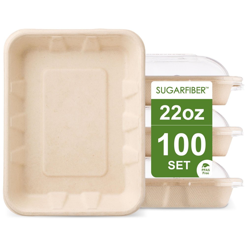 [100 SET]Harvest Pack 22 oz PFAS FREE Disposable Food Trays with Dome Lids, Compostable Disposable Food Container Bagasse Serving Trays, Rectangle, Made from Sugarcane Eco-Friendly Plant Fibers